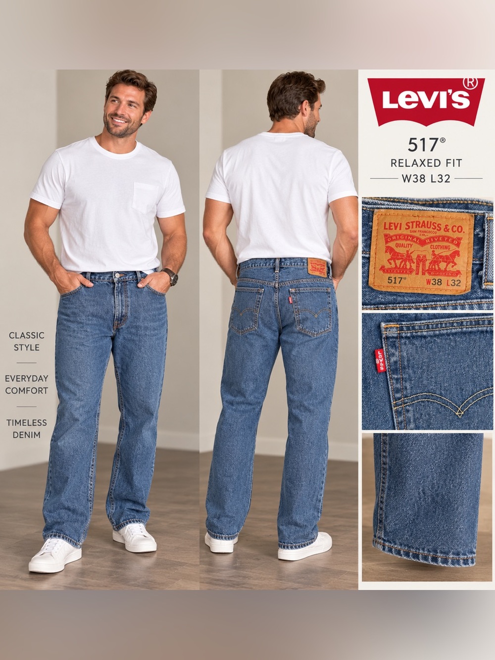 Levi's Men's 517 Relaxed Straight Jeans in Blue Denim - W38/L32